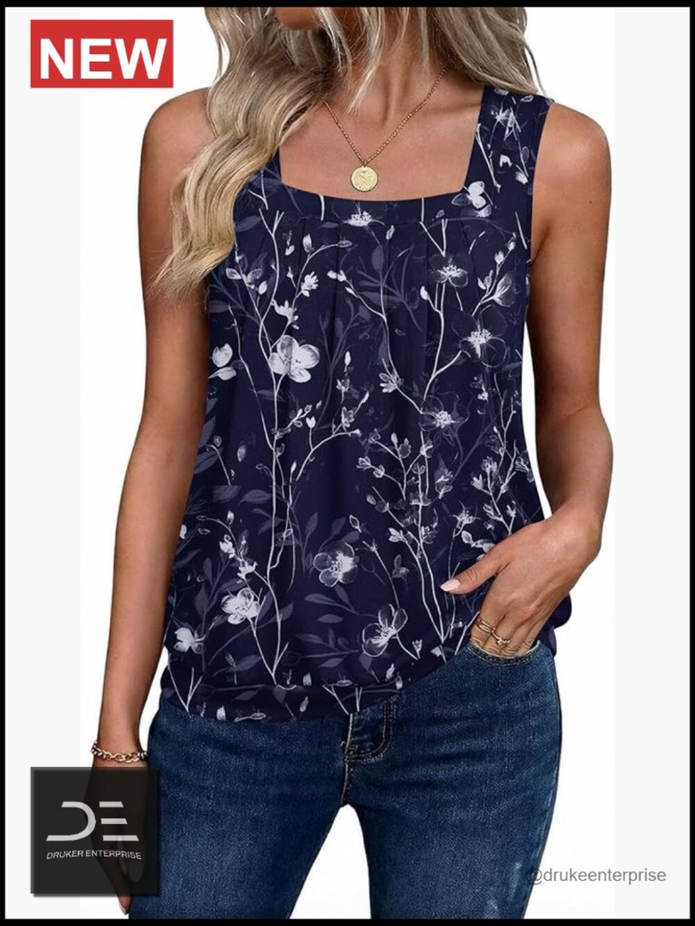Navy Floral Square-Neck Tank Top - Sleeveless Summer Top